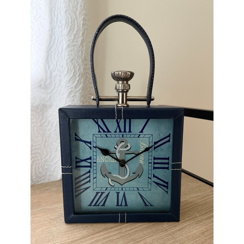 Quartz Desk Clock Squared Faux Leather Blue Nautical Design